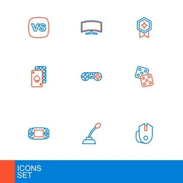 Set line Computer mouse, Microphone, Portable video game console, Game dice.. Stock-Illustration