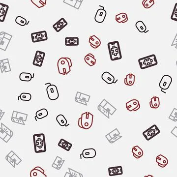 Set line Computer mouse, Mobile gaming, Chest for game and on seamless pattern 스톡 일러스트