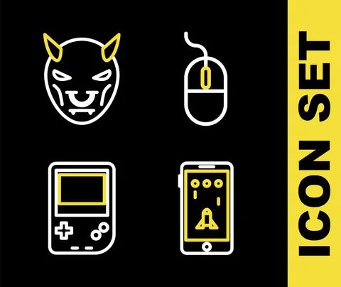 Set line Computer mouse, Mobile and playing in game, Portable video console and Stock Illustration
