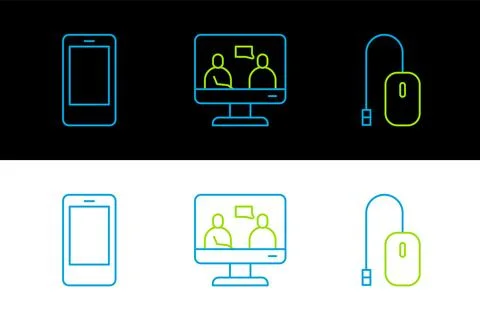 Set line Computer mouse, Mobile phone and Online education icon. Vector Stock Illustration