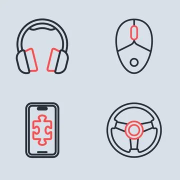 Set line Computer mouse, Mobile gaming, Racing simulator and Headphones ico.. Illustrazione stock