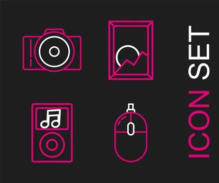 Set line Computer mouse, Music player, Picture landscape and Photo camera i.. Stock Illustration