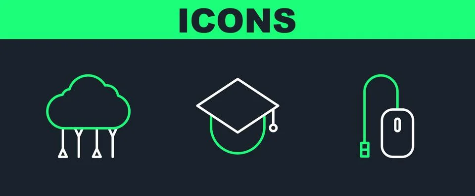 Set line Computer mouse, Network cloud connection and Graduation cap globe icon Stock Illustration