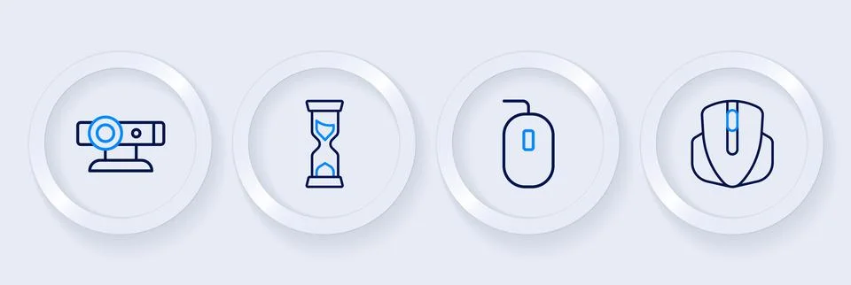 Set line Computer mouse, Old hourglass and Web camera icon. Vector Stock Illustration