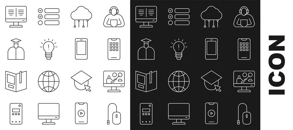Set line Computer mouse, Online education, Mobile phone, Network cloud Stock Illustration