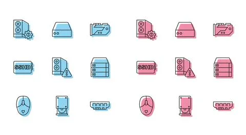 Set line Computer mouse, Optical disc drive, Case of computer, RAM, random Stock Illustration