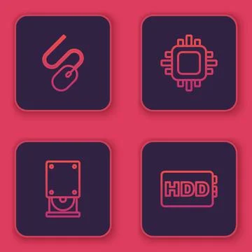 Set line Computer mouse, Optical disc drive, Processor with CPU and Hard disk Stock Illustration