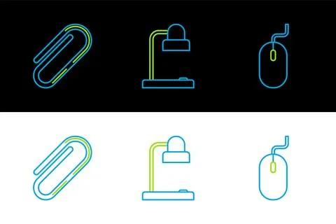 Set line Computer mouse, Paper clip and Table lamp icon. Vector 스톡 일러스트