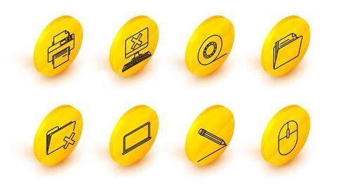 Set line Computer mouse, Pencil with eraser and line, Laptop, Delete folder Stock Illustration