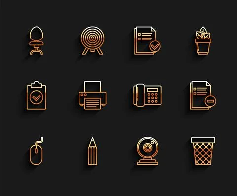 Set line Computer mouse, Pencil, Office chair, Web camera, Trash can, Printer Illustrazione stock