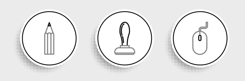 Set line Computer mouse, Pencil and Stamp icon. Vector 库存插图