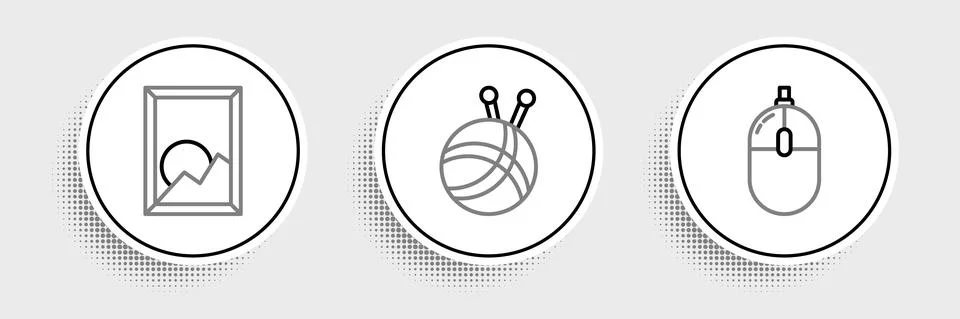 Set line Computer mouse, Picture landscape and Yarn ball with knitting needles Stock-Illustration