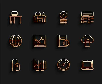 Set line Computer mouse, Pie chart infographic, monitor and desk, Clock, Laptop Stock Illustration