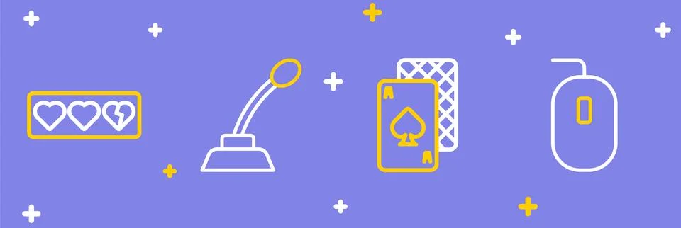 Set line Computer mouse, Playing cards, Microphone and Game life bar icon. .. 스톡 일러스트