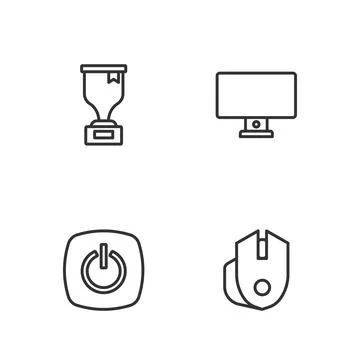 Set line Computer mouse, Power button, Award cup and monitor icon. Vector Illustrazione stock