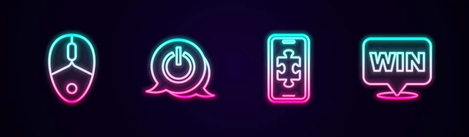 Set line Computer mouse, Power button, Mobile gaming and Medal. Glowing neon Illustrazione stock