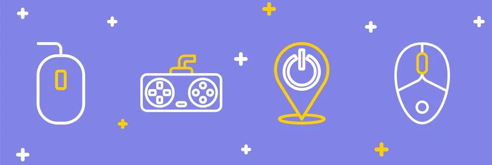 Set line Computer mouse, Power button, Game controller or joystick and  ico.. Illustrazione stock