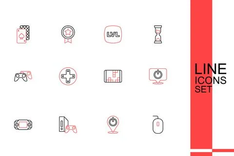 Set line Computer mouse, Power button, Game console with joystick, Portable.. Illustrazione stock