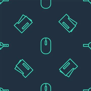 Set line Computer mouse, Printer and Wrist watch on seamless pattern. Vector Stock Illustration