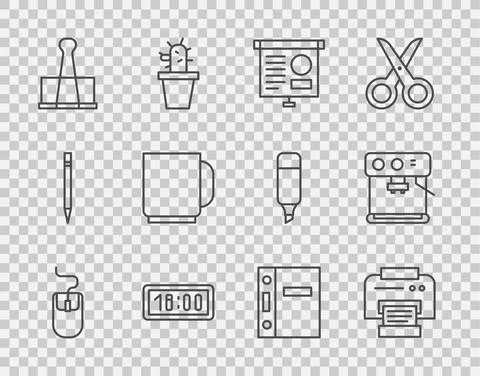 Set line Computer mouse, Printer, Chalkboard with diagram, Digital alarm clock Stock Illustration