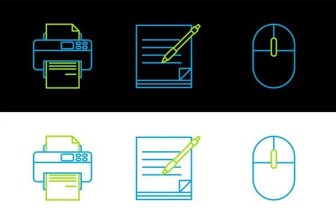 Set line Computer mouse, Printer and Blank notebook and pen icon. Vector Stock Illustration