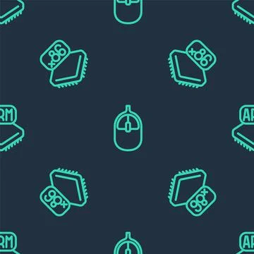 Set line Computer mouse, Processor with microcircuits CPU and on seamless Illustrazione stock