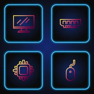 Set line Computer mouse, Processor with CPU, monitor screen and RAM, random Illustrazione stock
