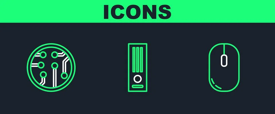 Set line Computer mouse, Processor and Video game console icon. Vector Stock Illustration