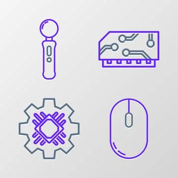 Set line Computer mouse, Processor, RAM, random access memory and Gamepad icon 스톡 일러스트