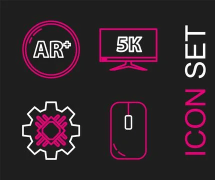Set line Computer mouse, Processor, Monitor display with 5k video and Ar, a.. Illustrazione stock