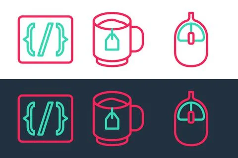 Set line Computer mouse, Programming language syntax and Cup of tea with tea bag Stock Illustration