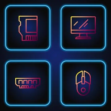 Set line Computer mouse, RAM, random access memory, SD card and monitor screen Illustrazione stock