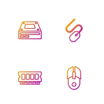 Set line Computer mouse, RAM, random access memory, Optical disc drive and Stock Illustration