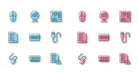 Set line Computer mouse, RAM, random access memory, Case of computer, Hard disk イラスト素材