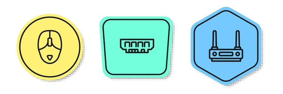 Set line Computer mouse, RAM, random access memory and Router wi-fi signal Stock Illustration