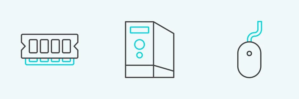 Set line Computer mouse, RAM, random access memory and Case of computer icon Stock Illustration