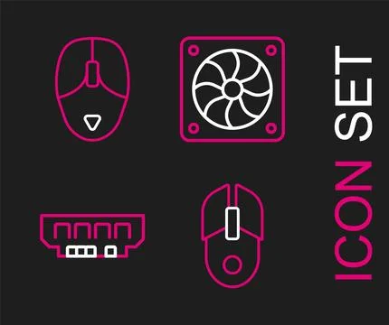 Set line Computer mouse, RAM, random access memory, cooler and  icon. Vector Illustrazione stock