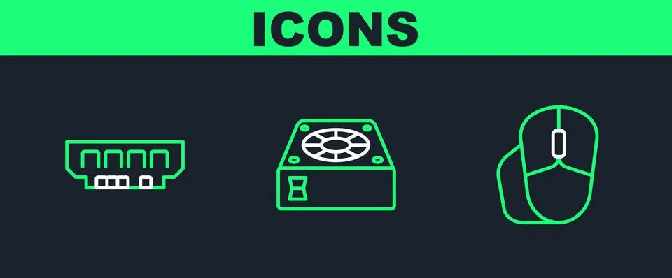 Set line Computer mouse, RAM, random access memory and cooler icon. Vector Illustrazione stock