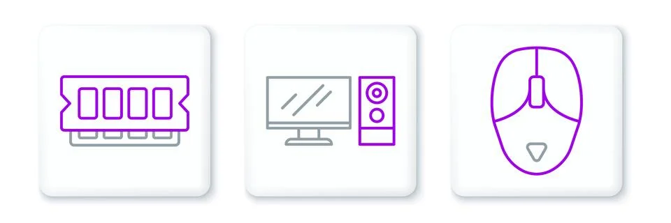 Set line Computer mouse, RAM, random access memory and monitor icon. Vector Illustrazione stock