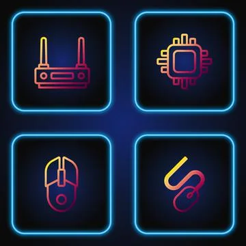 Set line Computer mouse, , Router and wi-fi signal and Processor with CPU 스톡 일러스트