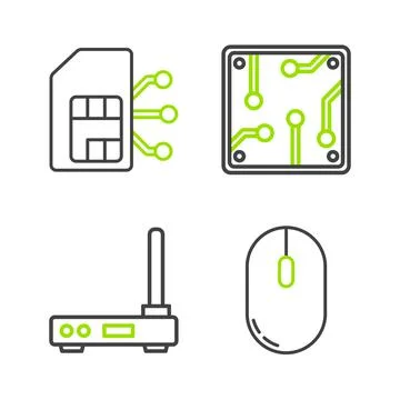 Set line Computer mouse, Router and wi-fi signal, Processor and Sim card icon Illustrazione stock