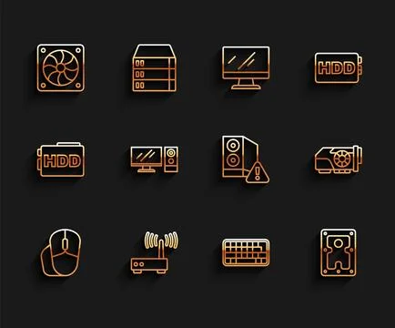 Set line Computer mouse, Router and wi-fi signal, cooler, Keyboard, Hard di.. Stock Illustration