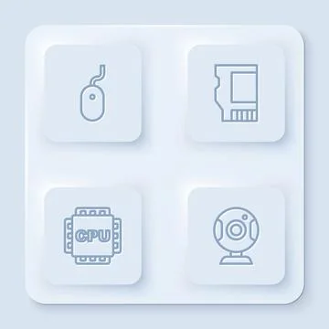 Set line Computer mouse, SD card, Processor with CPU and Web camera. White Stock Illustration