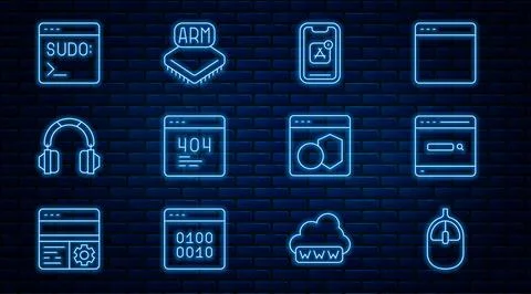 Set line Computer mouse, Search engine, Mobile Apps, Page with 404 error Stock Illustration