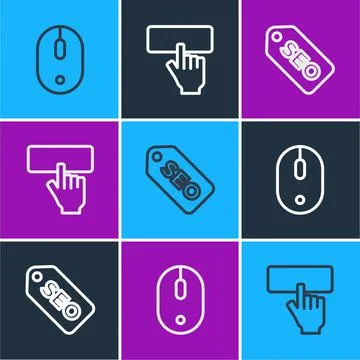 Set line Computer mouse, SEO optimization and Keyboard icon. Vector Stock Illustration