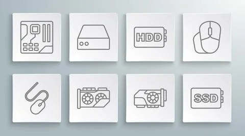 Set line Computer mouse, Server, Data, Web Hosting, Video graphic card, SSD 스톡 일러스트