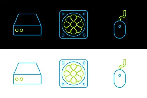 Set line Computer mouse, Server, Data, Web Hosting and cooler icon. Vector Illustrazione stock