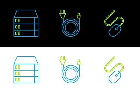 Set line Computer mouse, Server, Data, Web Hosting and Electric plug icon. Ve Illustrazione stock