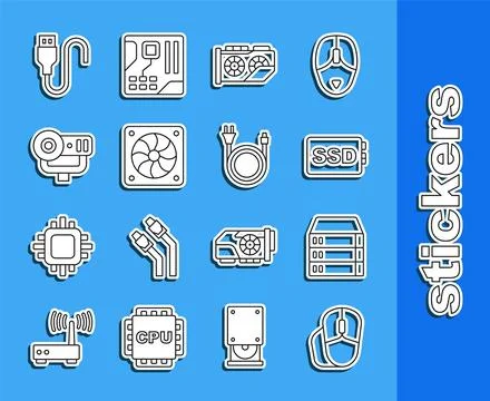 Set line Computer mouse, Server, Data, Web Hosting, SSD card, Video graphic.. Stock Illustration