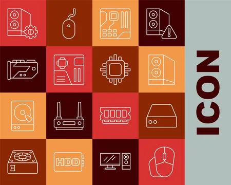 Set line Computer mouse, Server, Data, Web Hosting, Case of computer, Mothe.. Stock Illustration